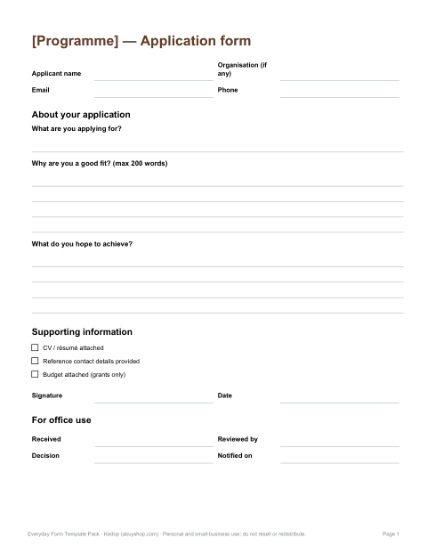 Preview of the first page of General application form