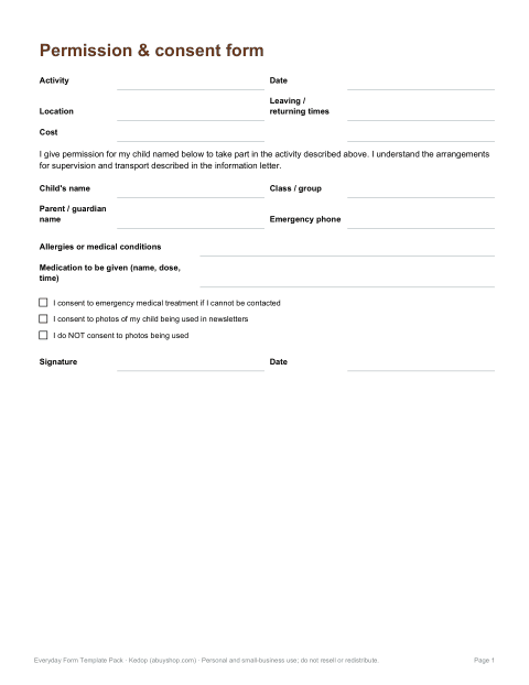 Preview of the first page of Permission & consent form
