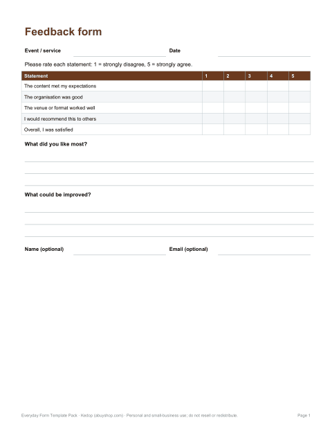 Preview of the first page of Feedback form